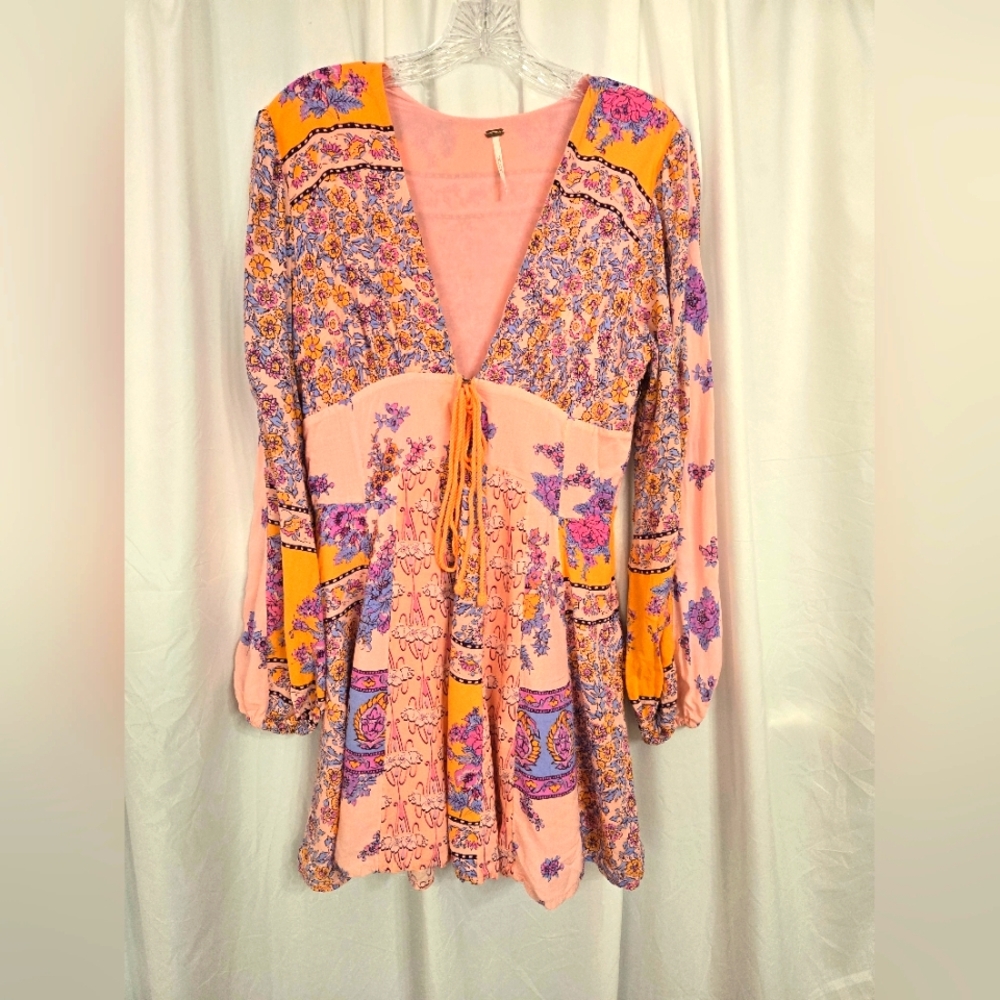 Free People Peach Combo Color/print Fairy Floral Mini Dress Size S/P